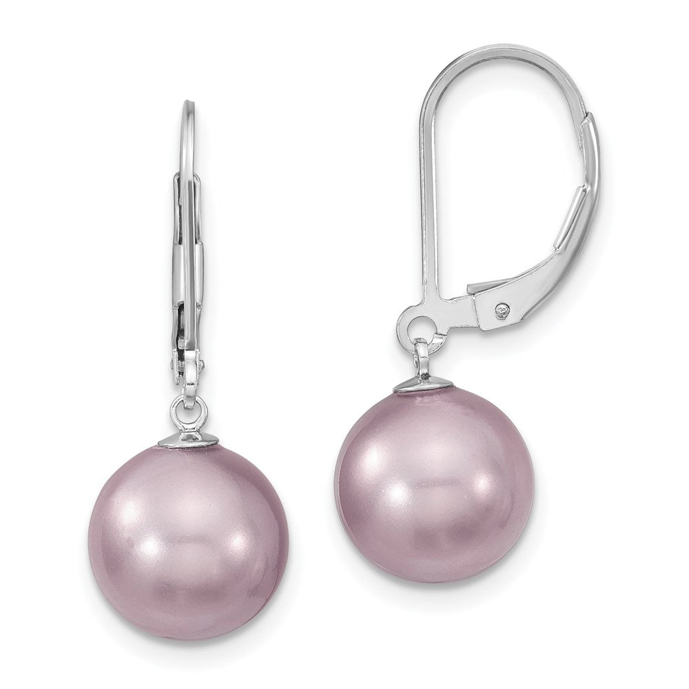 Sterling Silver Majestik Rhodium-Plated 10-11mm Purple Imitation Shell Pearl Leverback Dangle Earrings