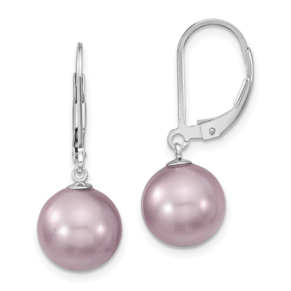 Sterling Silver Majestik Rhodium-Plated 10-11mm Purple Imitation Shell Pearl Leverback Dangle Earrings