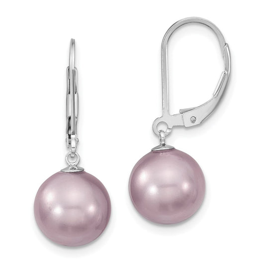 Sterling Silver Majestik Rhodium-Plated 10-11mm Purple Imitation Shell Pearl Leverback Dangle Earrings