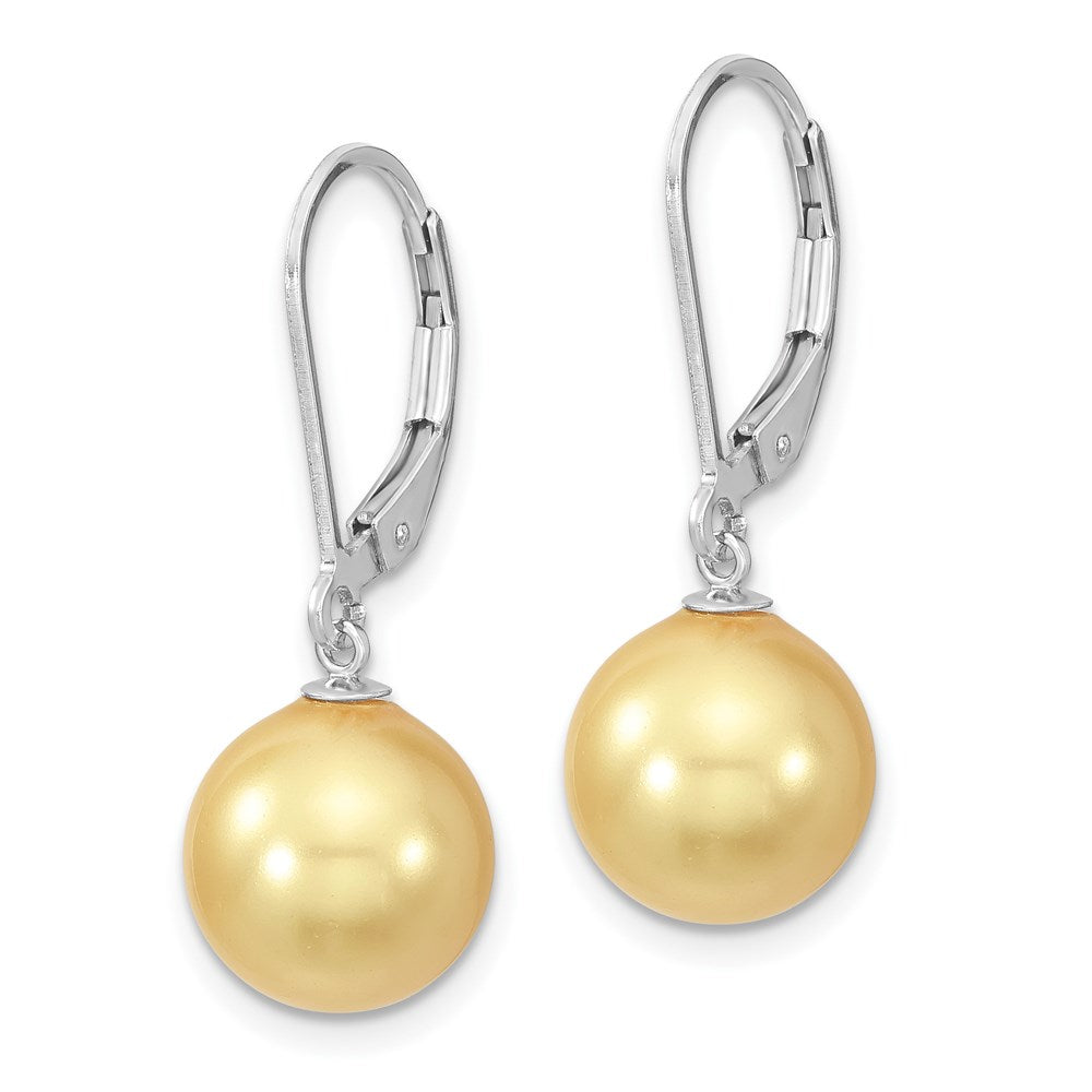 Sterling Silver Majestik Rhodium-Plated 10-11mm Yellow Imitation Shell Pearl Leverback Dangle Earrings