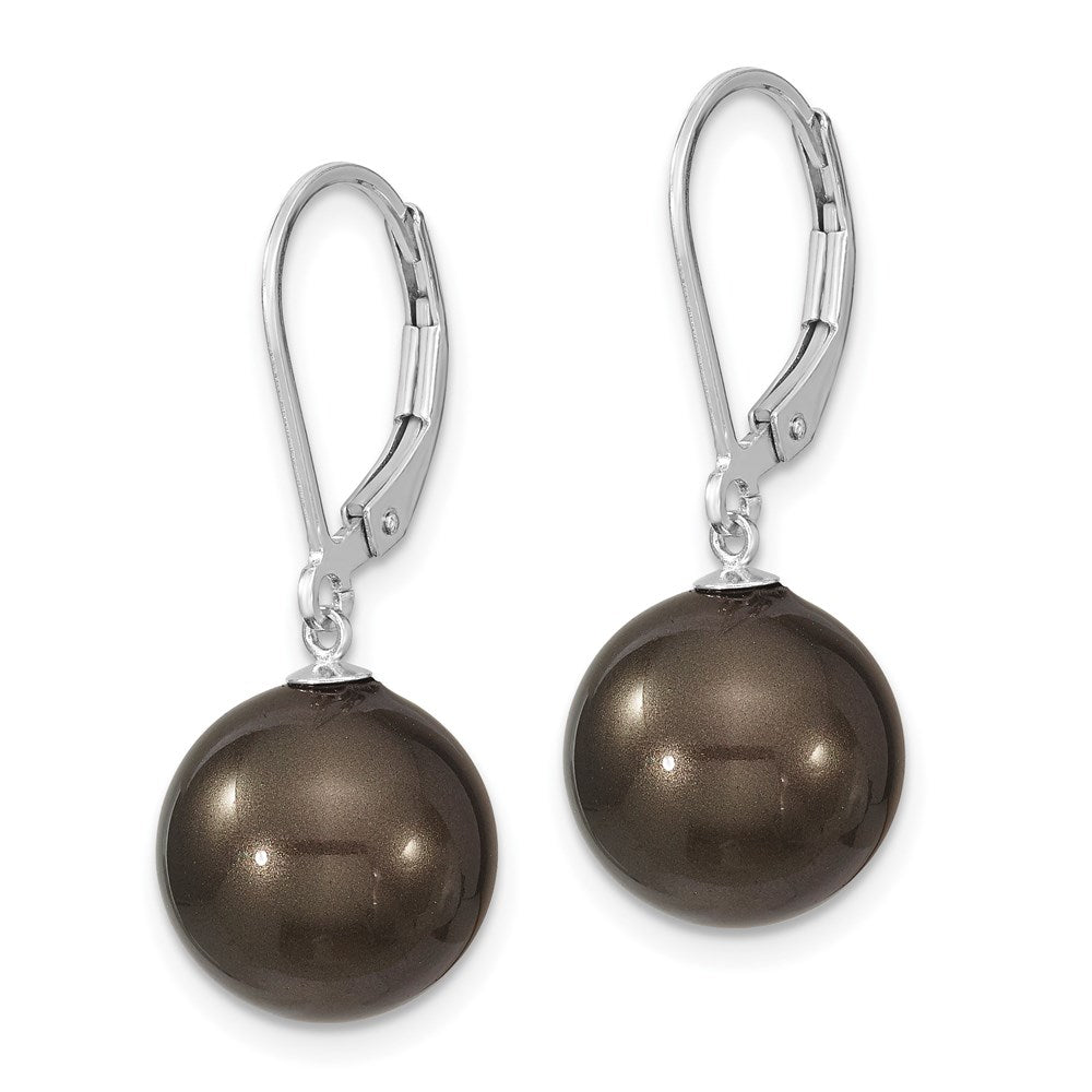 Sterling Silver Majestik Rhodium-Plated 12-13mm Black Imitation Shell Pearl Leverback Dangle Earrings