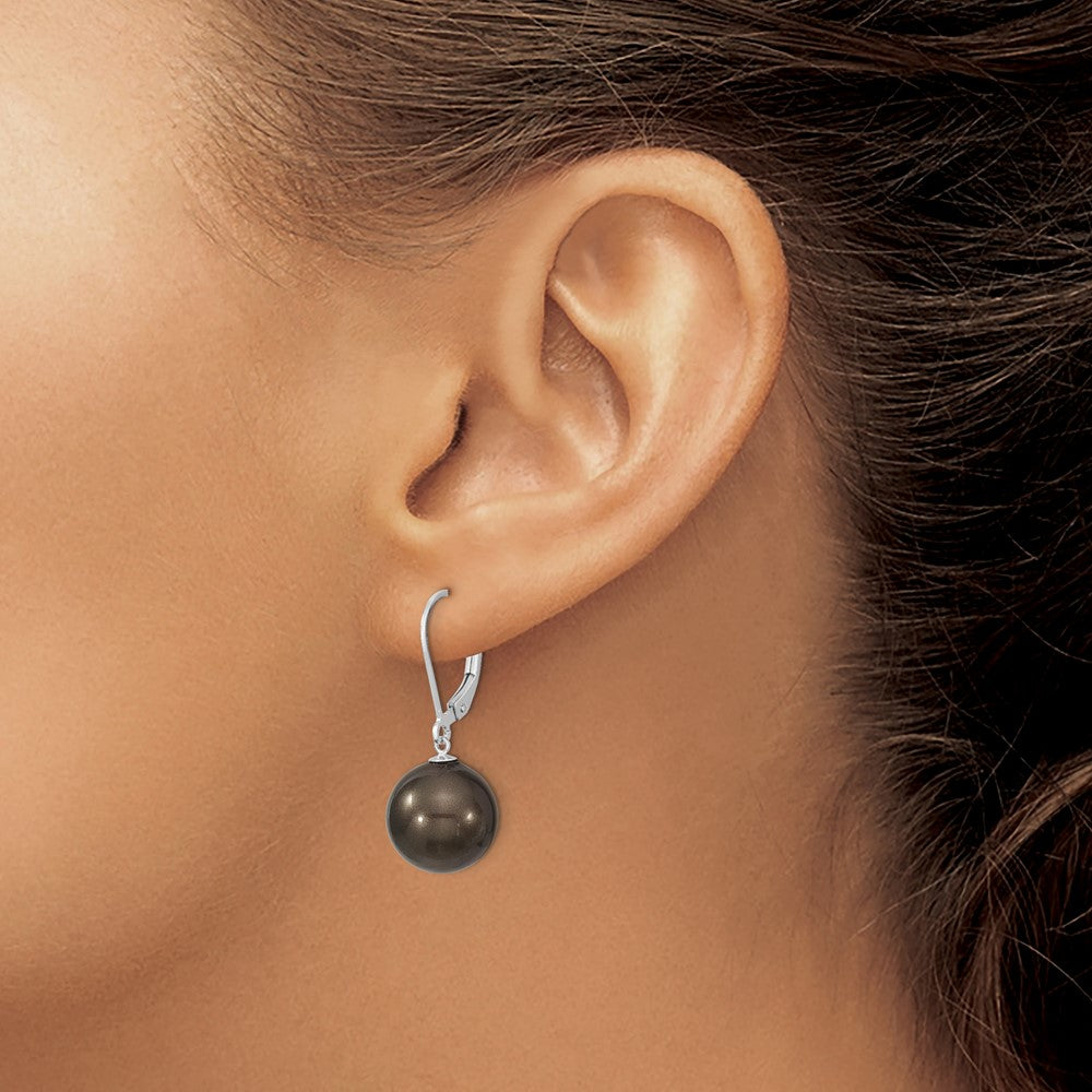 Sterling Silver Majestik Rhodium-Plated 12-13mm Black Imitation Shell Pearl Leverback Dangle Earrings