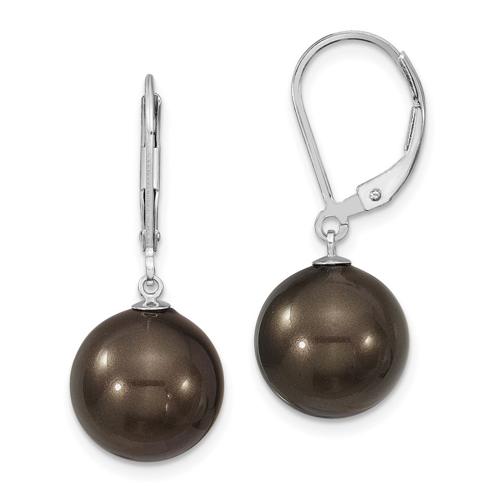 Sterling Silver Majestik Rhodium-Plated 12-13mm Black Imitation Shell Pearl Leverback Dangle Earrings