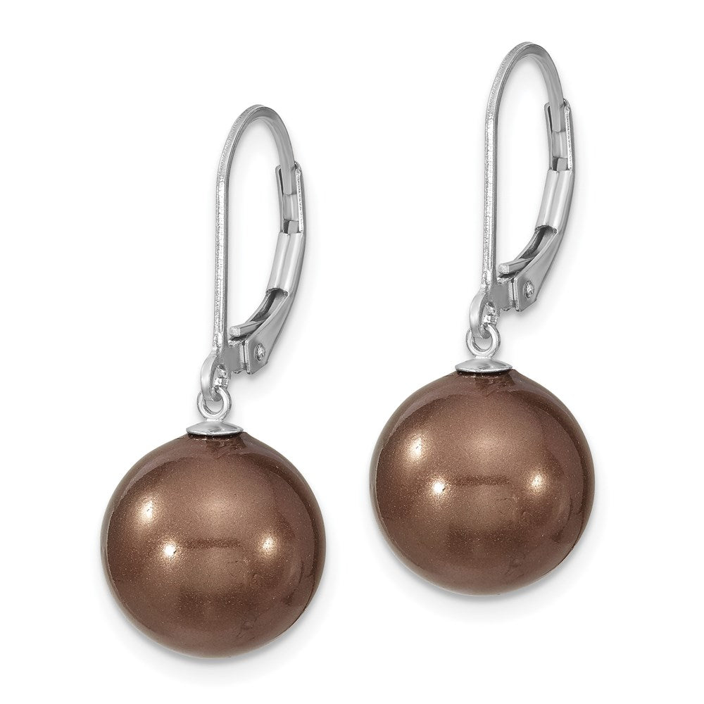 Sterling Silver Majestik Rhodium-Plated 12-13mm Brown Imitation Shell Pearl Leverback Dangle Earrings