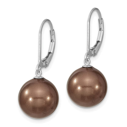 Sterling Silver Majestik Rhodium-Plated 12-13mm Brown Imitation Shell Pearl Leverback Dangle Earrings