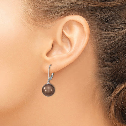 Sterling Silver Majestik Rhodium-Plated 12-13mm Brown Imitation Shell Pearl Leverback Dangle Earrings