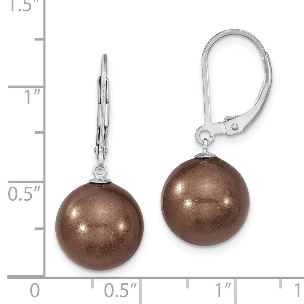 Sterling Silver Majestik Rhodium-Plated 12-13mm Brown Imitation Shell Pearl Leverback Dangle Earrings