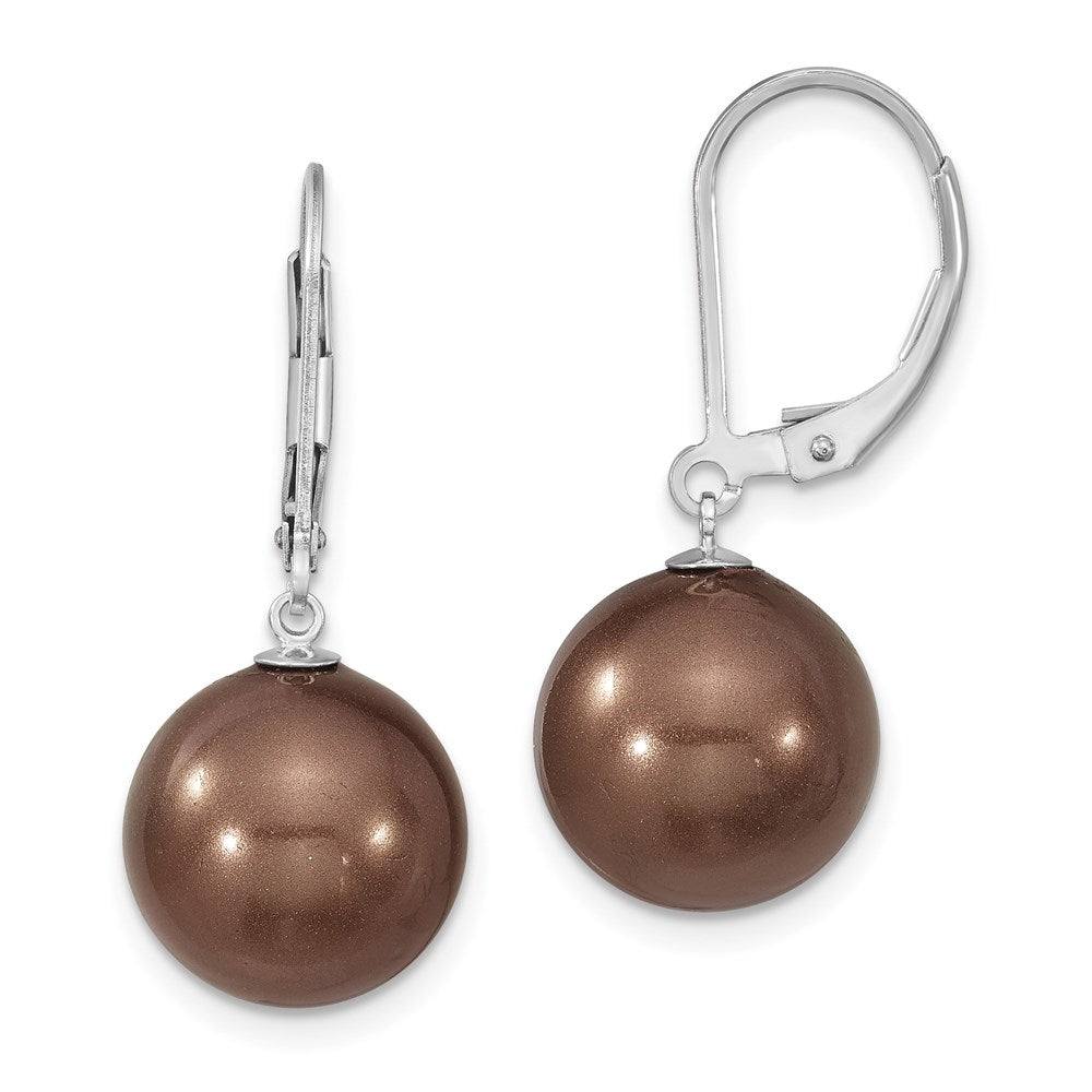 Sterling Silver Majestik Rhodium-Plated 12-13mm Brown Imitation Shell Pearl Leverback Dangle Earrings