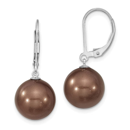 Sterling Silver Majestik Rhodium-Plated 12-13mm Brown Imitation Shell Pearl Leverback Dangle Earrings