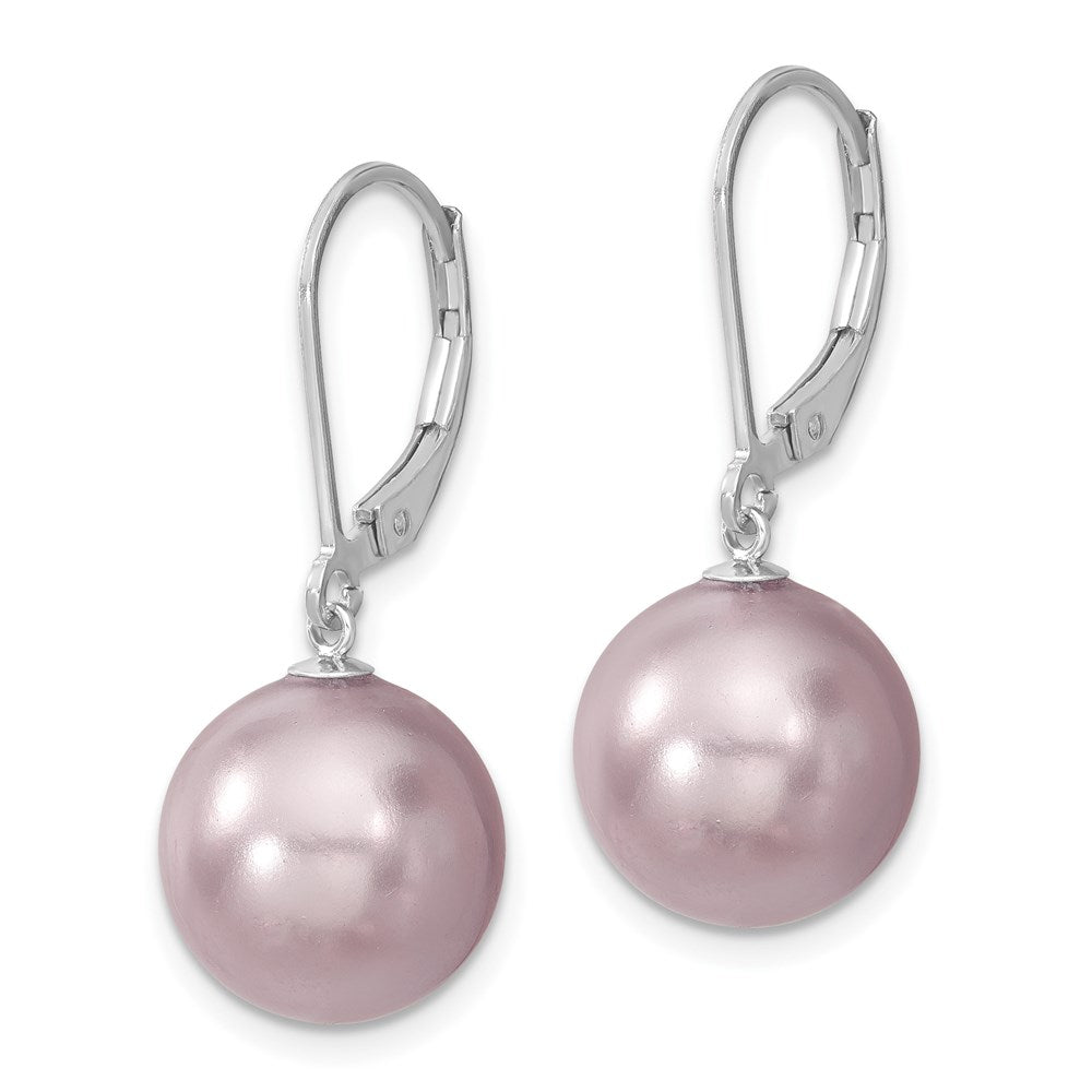 Sterling Silver Majestik Rhodium-Plated 12-13mm Purple Imitation Shell Pearl Leverback Dangle Earrings