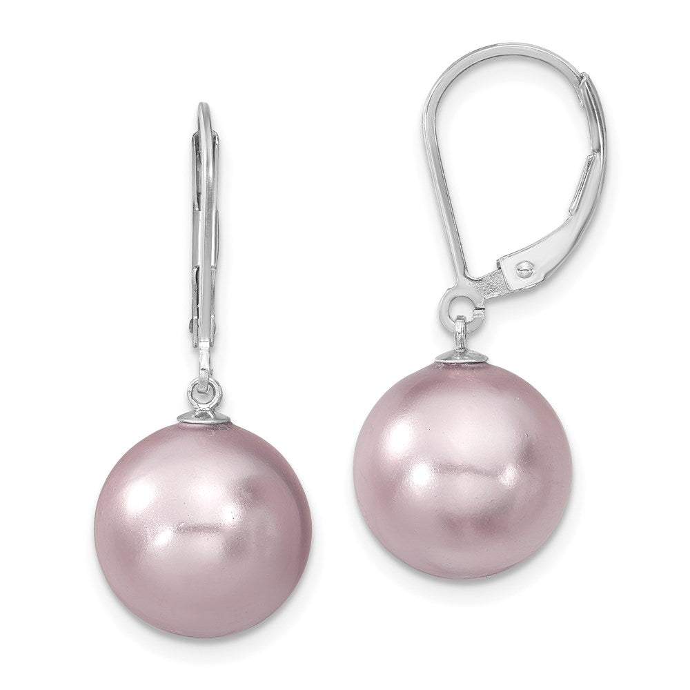 Sterling Silver Majestik Rhodium-Plated 12-13mm Purple Imitation Shell Pearl Leverback Dangle Earrings