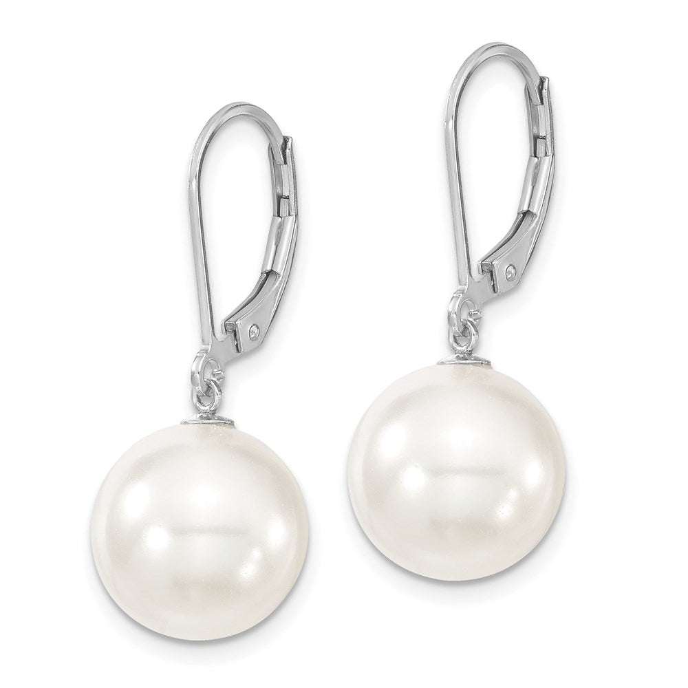 Sterling Silver Majestik Rhodium-Plated 12-13mm White Imitation Shell Pearl Leverback Dangle Earrings