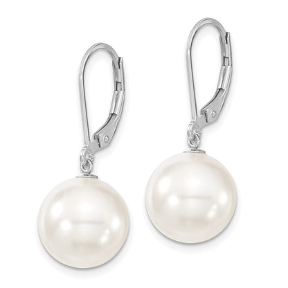 Sterling Silver Majestik Rhodium-Plated 12-13mm White Imitation Shell Pearl Leverback Dangle Earrings