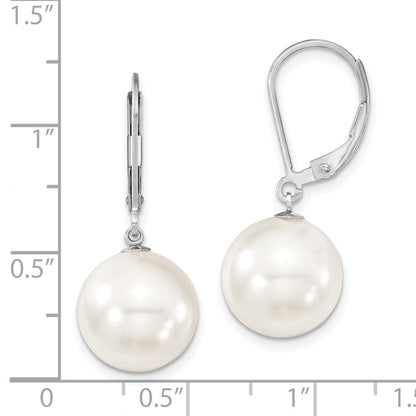 Sterling Silver Majestik Rhodium-Plated 12-13mm White Imitation Shell Pearl Leverback Dangle Earrings