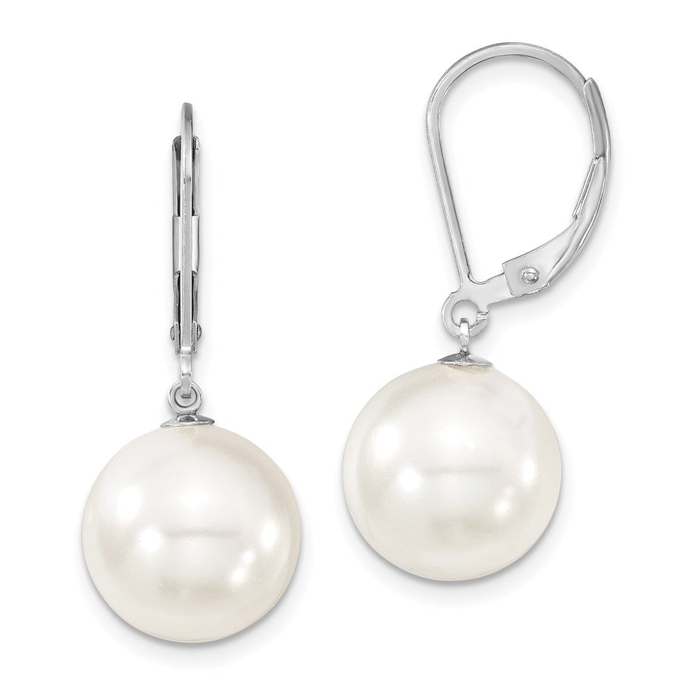 Sterling Silver Majestik Rhodium-Plated 12-13mm White Imitation Shell Pearl Leverback Dangle Earrings