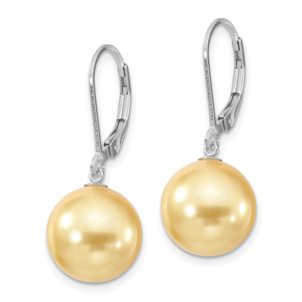 Sterling Silver Majestik Rhodium-Plated 12-13mm Yellow Imitation Shell Pearl Leverback Dangle Earrings
