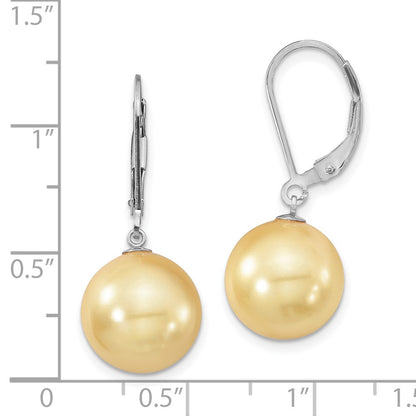 Sterling Silver Majestik Rhodium-Plated 12-13mm Yellow Imitation Shell Pearl Leverback Dangle Earrings
