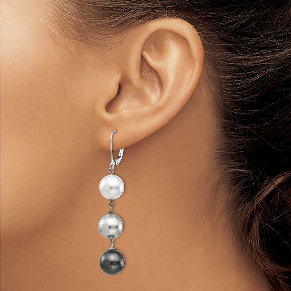 Sterling Silver Majestik Rhodium-Plated 10-11mm White Grey And Black Imitation Shell Pearl Dangle Earrings