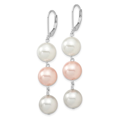Sterling Silver Majestic Rhodium-Plated 10-11mm White Pink And Light Grey Imitation Shell Pearl Leverback Dangle Earrings
