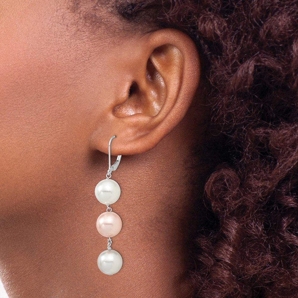 Sterling Silver Majestic Rhodium-Plated 10-11mm White Pink And Light Grey Imitation Shell Pearl Leverback Dangle Earrings