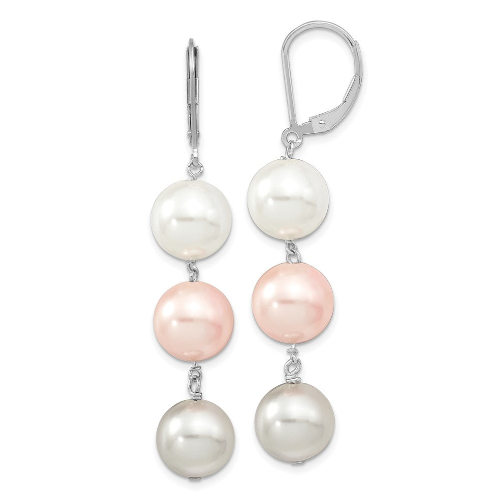 Sterling Silver Majestic Rhodium-Plated 10-11mm White Pink And Light Grey Imitation Shell Pearl Leverback Dangle Earrings