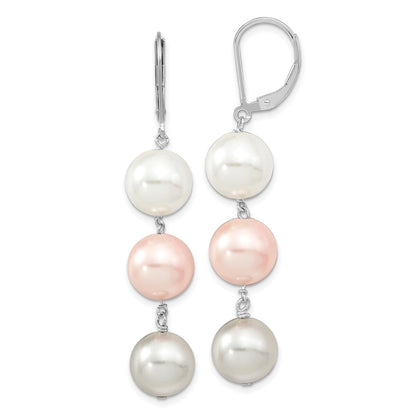 Sterling Silver Majestic Rhodium-Plated 10-11mm White Pink And Light Grey Imitation Shell Pearl Leverback Dangle Earrings