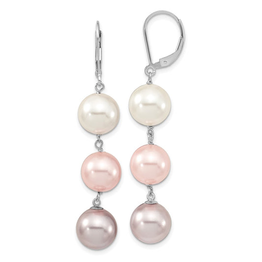 Sterling Silver Majestic Rhodium-Plated 10-11mm White Pink And Purple Imitation Shell Pearl Leverback Dangle Earrings