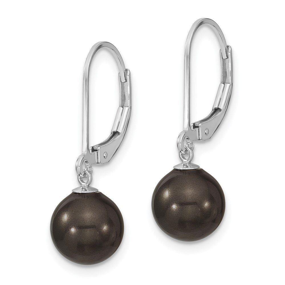 Sterling Silver Majestik Rhodium-Plated 8-9mm Black Imitation Shell Pearl Leverback Dangle Earrings