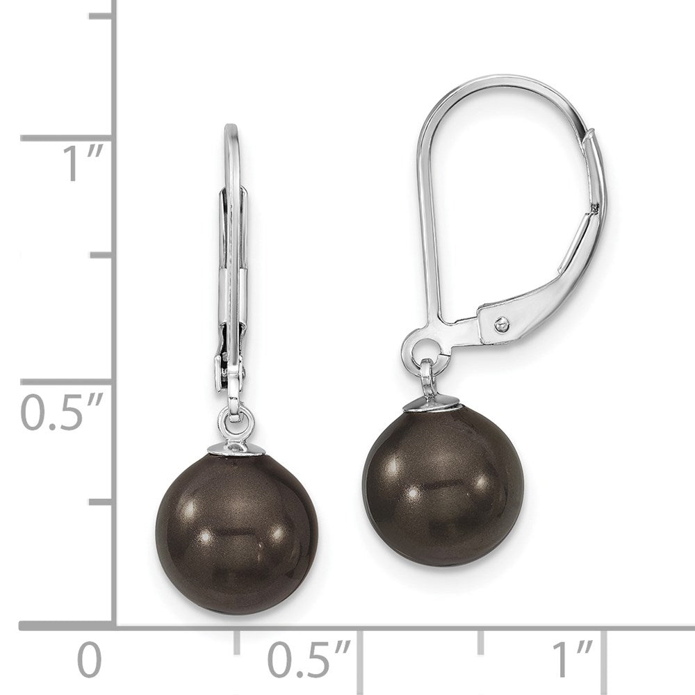 Sterling Silver Majestik Rhodium-Plated 8-9mm Black Imitation Shell Pearl Leverback Dangle Earrings