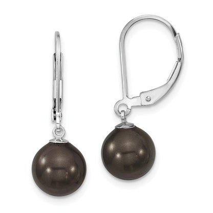 Sterling Silver Majestik Rhodium-Plated 8-9mm Black Imitation Shell Pearl Leverback Dangle Earrings