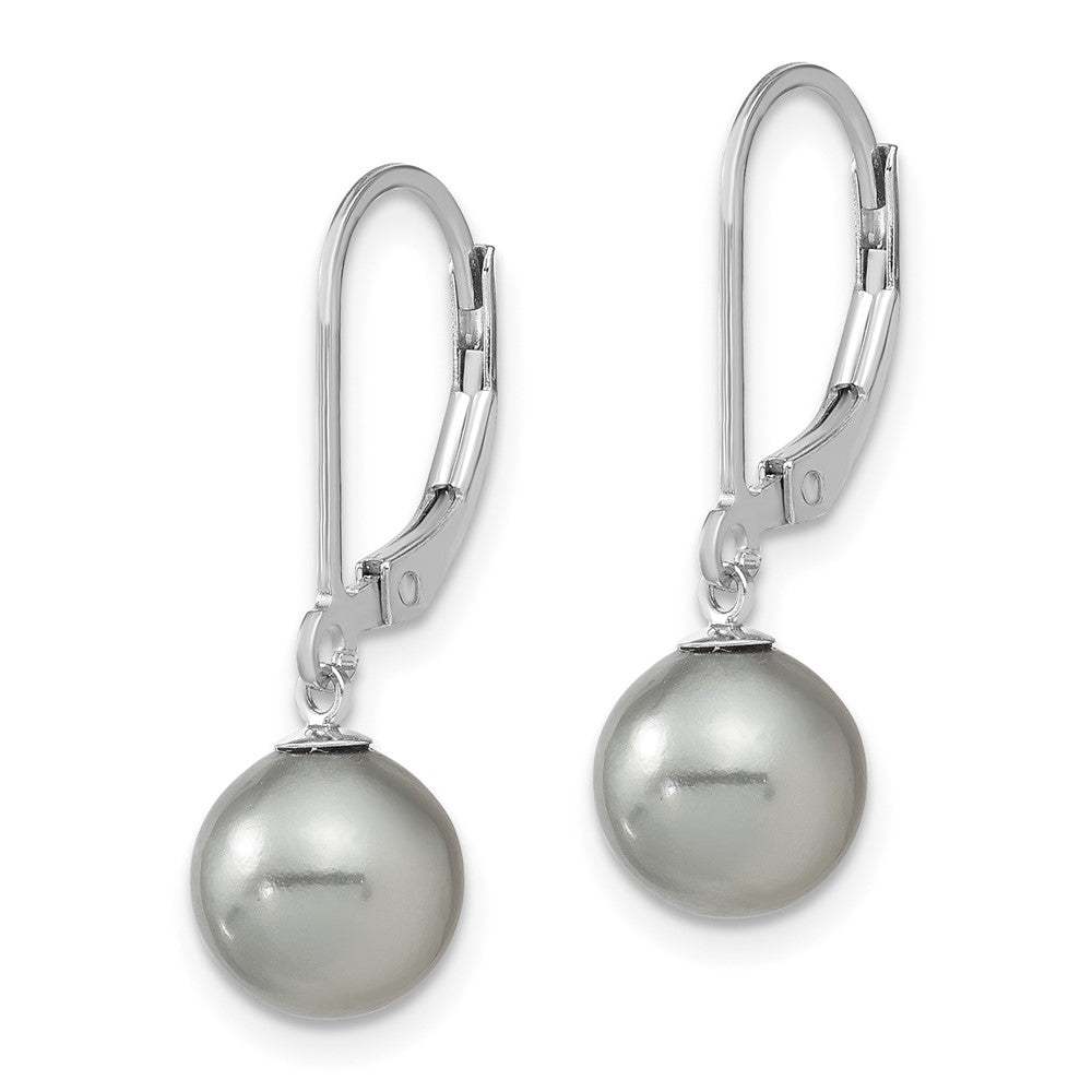 Sterling Silver Majestic Rhodium-Plated 8-9mm Grey Imitation Shell Pearl Leverback Dangle Earrings