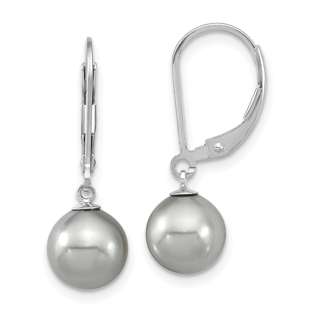 Sterling Silver Majestic Rhodium-Plated 8-9mm Grey Imitation Shell Pearl Leverback Dangle Earrings