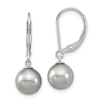 Sterling Silver Majestic Rhodium-Plated 8-9mm Grey Imitation Shell Pearl Leverback Dangle Earrings