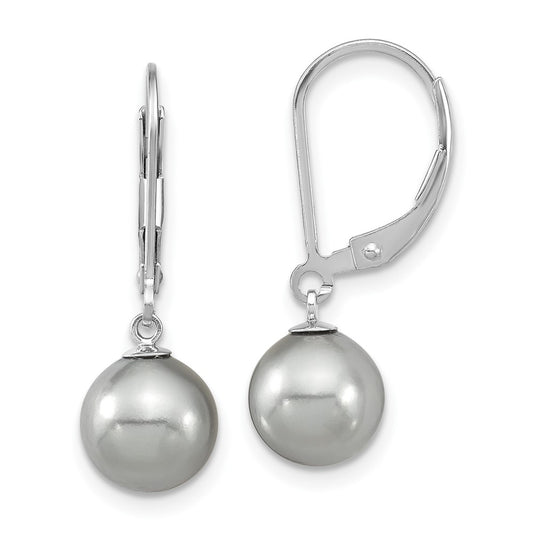 Sterling Silver Majestic Rhodium-Plated 8-9mm Grey Imitation Shell Pearl Leverback Dangle Earrings