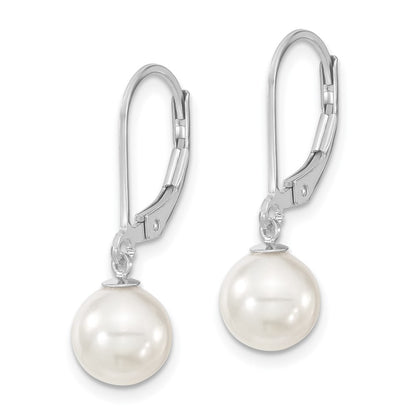 Sterling Silver Majestik Rhodium-Plated 8-9M White Imitation Shell Pearl Leverback Dangle Earrings