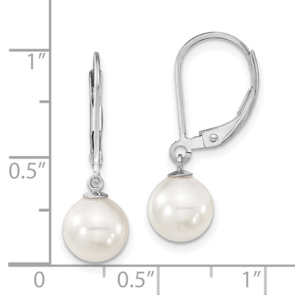 Sterling Silver Majestik Rhodium-Plated 8-9M White Imitation Shell Pearl Leverback Dangle Earrings