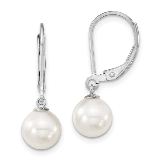 Sterling Silver Majestik Rhodium-Plated 8-9M White Imitation Shell Pearl Leverback Dangle Earrings