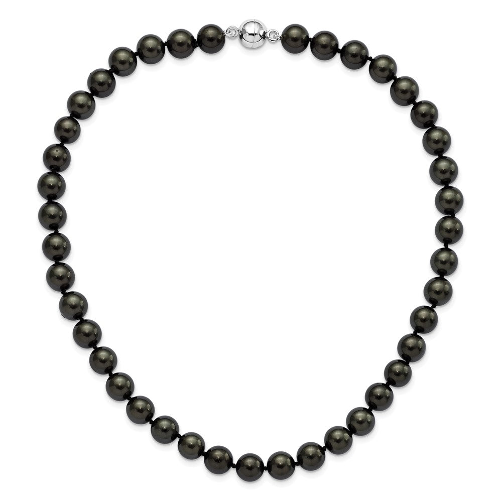Sterling Silver Majestic Rhodium Plated 10 11mm Black Imitation Shell Pearl Hand Knotted Necklace