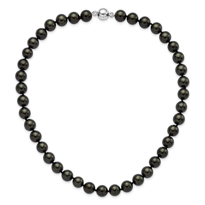 Sterling Silver Majestic Rhodium Plated 10 11mm Black Imitation Shell Pearl Hand Knotted Necklace