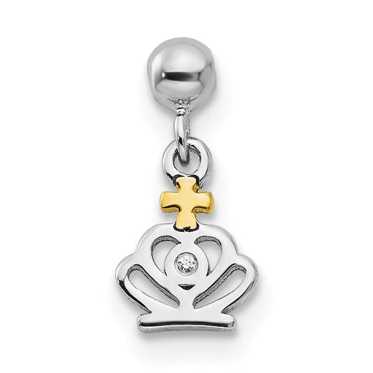 Sterling Silver Mio Memento Rhodium-Plated Gold-Tone Cz Dangle Crown Charm