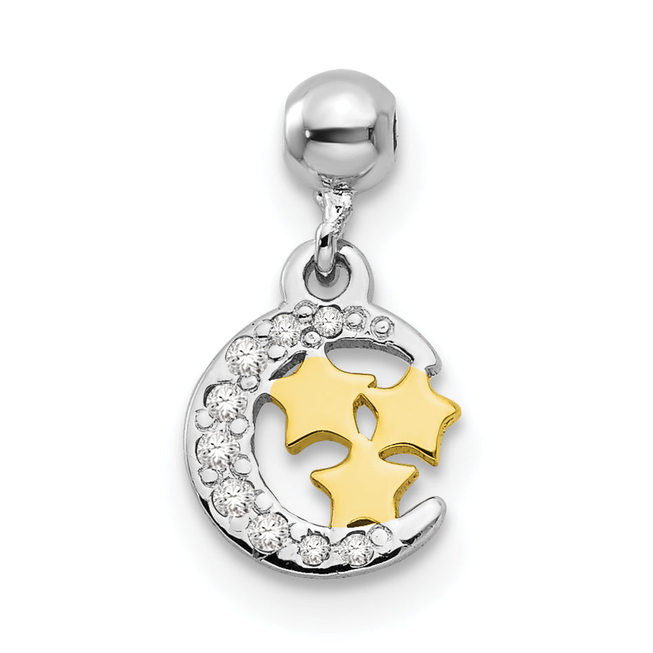 Sterling Silver Mio Memento Rhodium-Plated Gold-Tone Cz Dangle Moon Charm
