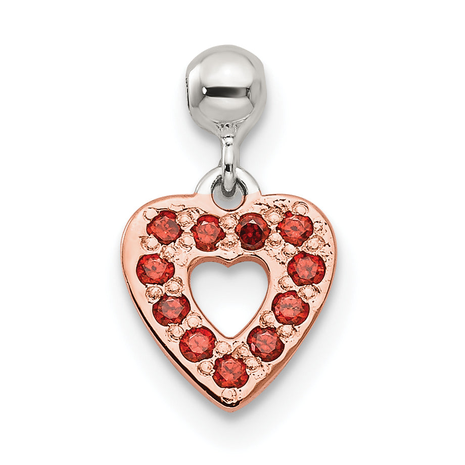 Sterling Silver Mio Memento Rose-Tone Red Cz Dangle Heart Charm