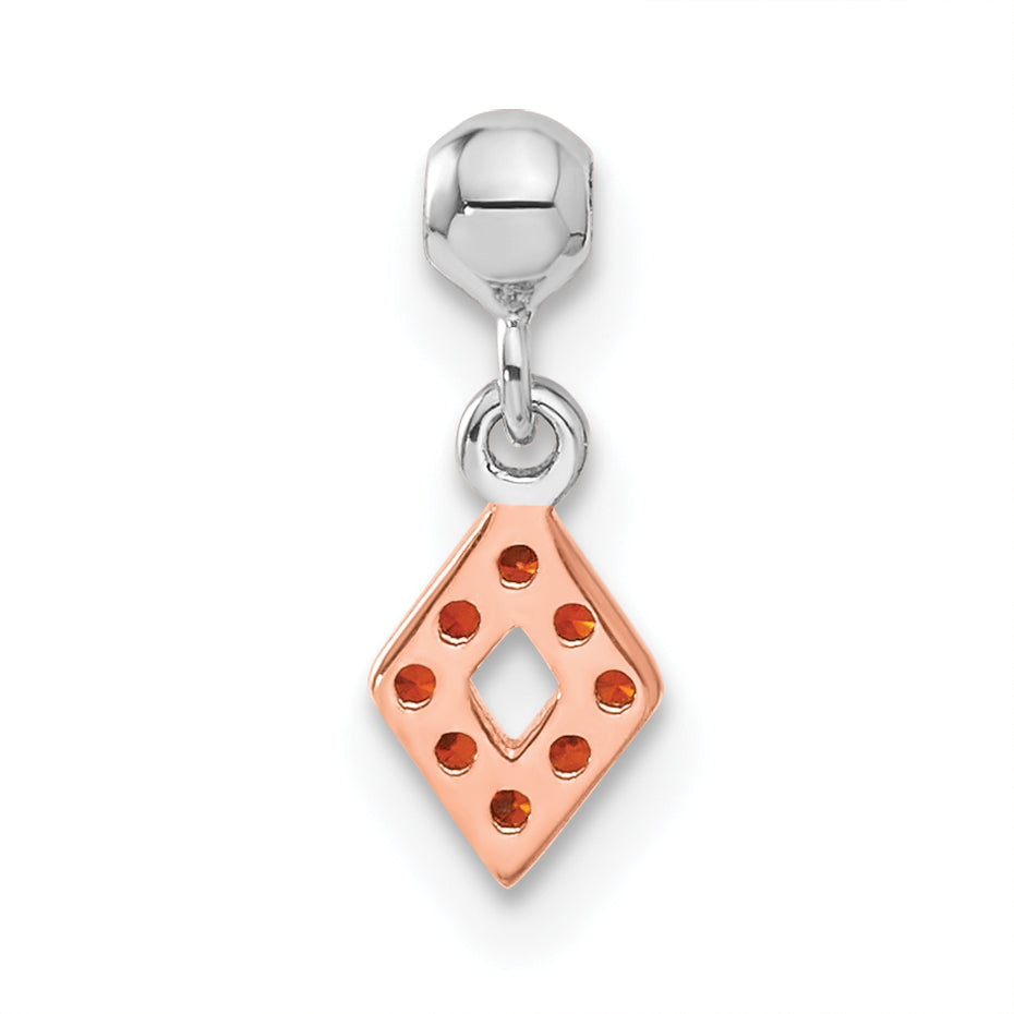 Sterling Silver Mio Memento Rose-Tone Red Cz Dangle Diamond Shaped Charm