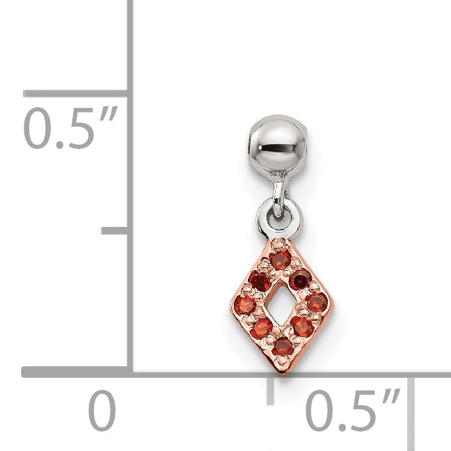 Sterling Silver Mio Memento Rose-Tone Red Cz Dangle Diamond Shaped Charm