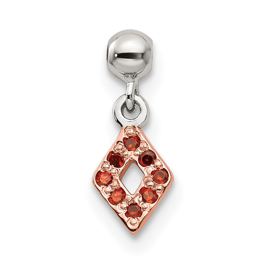 Sterling Silver Mio Memento Rose-Tone Red Cz Dangle Diamond Shaped Charm