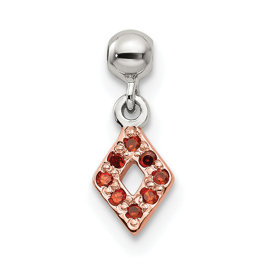 Sterling Silver Mio Memento Rose-Tone Red Cz Dangle Diamond Shaped Charm