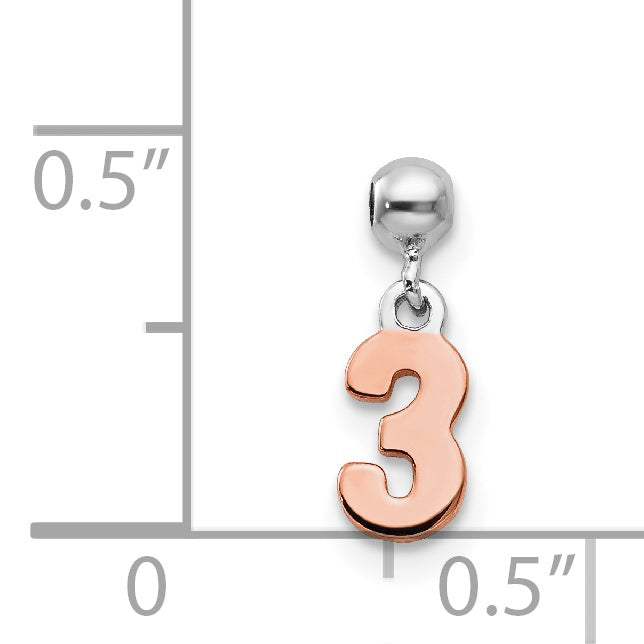 Sterling Silver Mio Memento Rhodium-Plated Rose-Tone Dangle Number 3 Charm