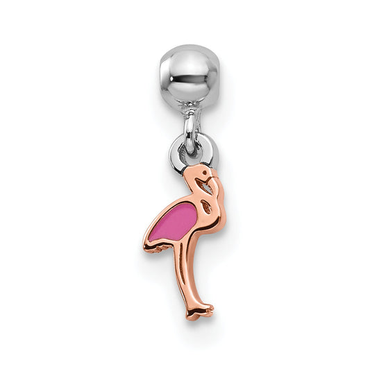 Sterling Silver Mio Memento Rhodium-Plated Rose-Tone Enamel Dangle Flamingo Charm