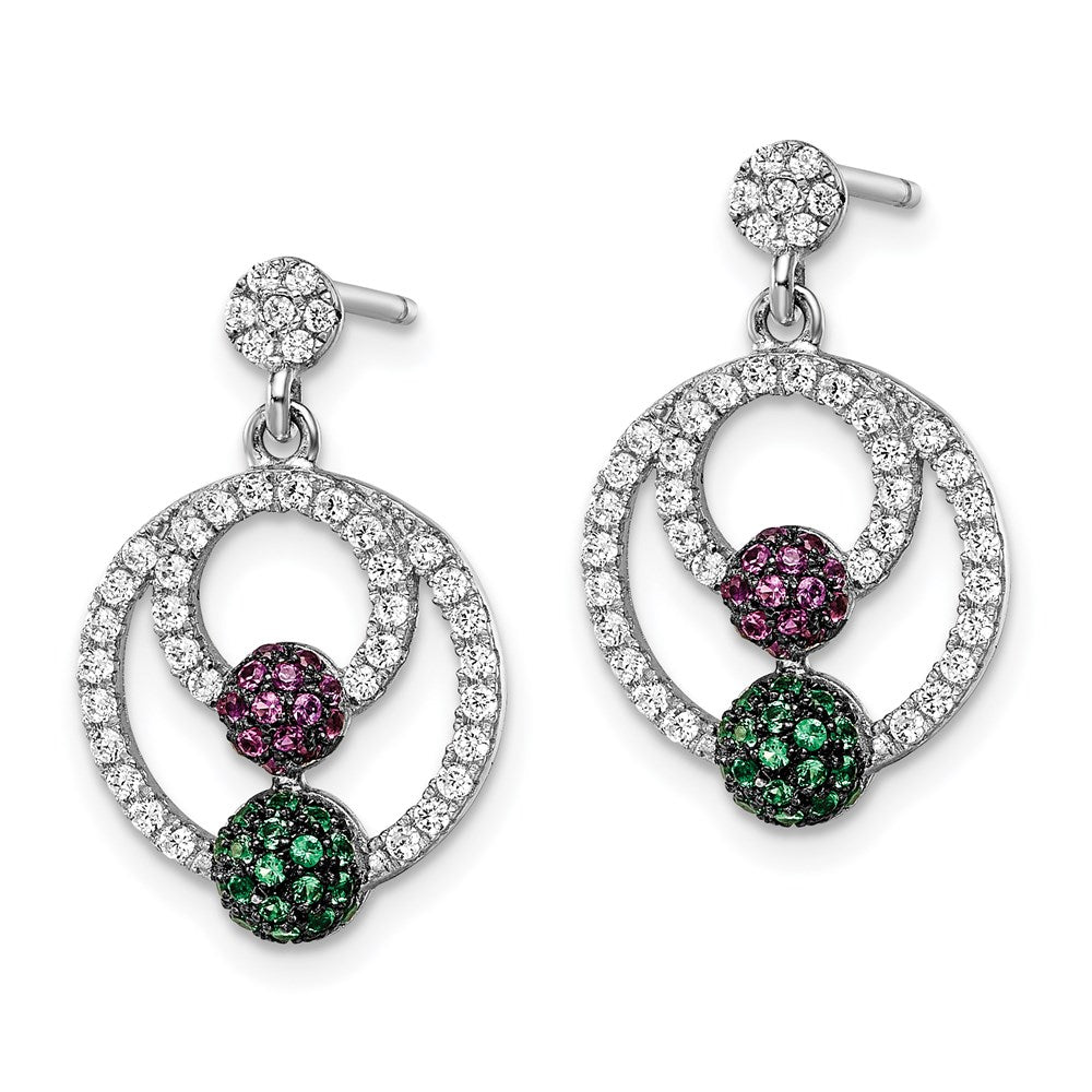 Sterling Silver Brilliant Embers Rhodium-Plated 152 Stone Multi Micro Pav Green Red And White Cz Circle Dangle Post Earrings