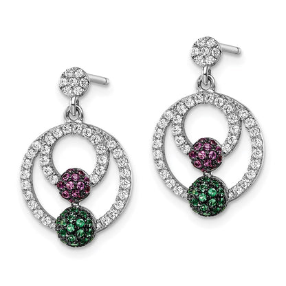 Sterling Silver Brilliant Embers Rhodium-Plated 152 Stone Multi Micro Pav Green Red And White Cz Circle Dangle Post Earrings
